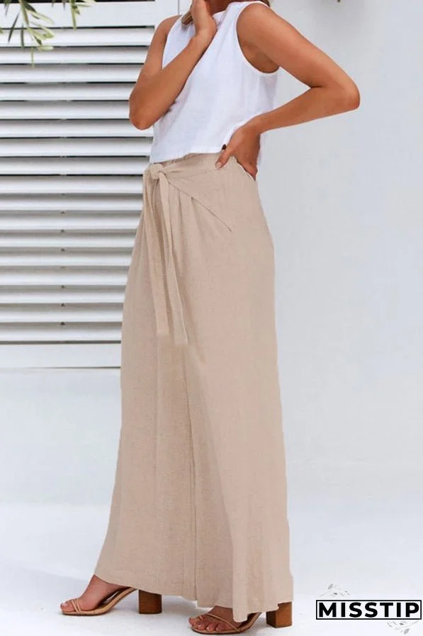 Spring and summer cotton and linen design sense strap loose wide-leg casual trousers
