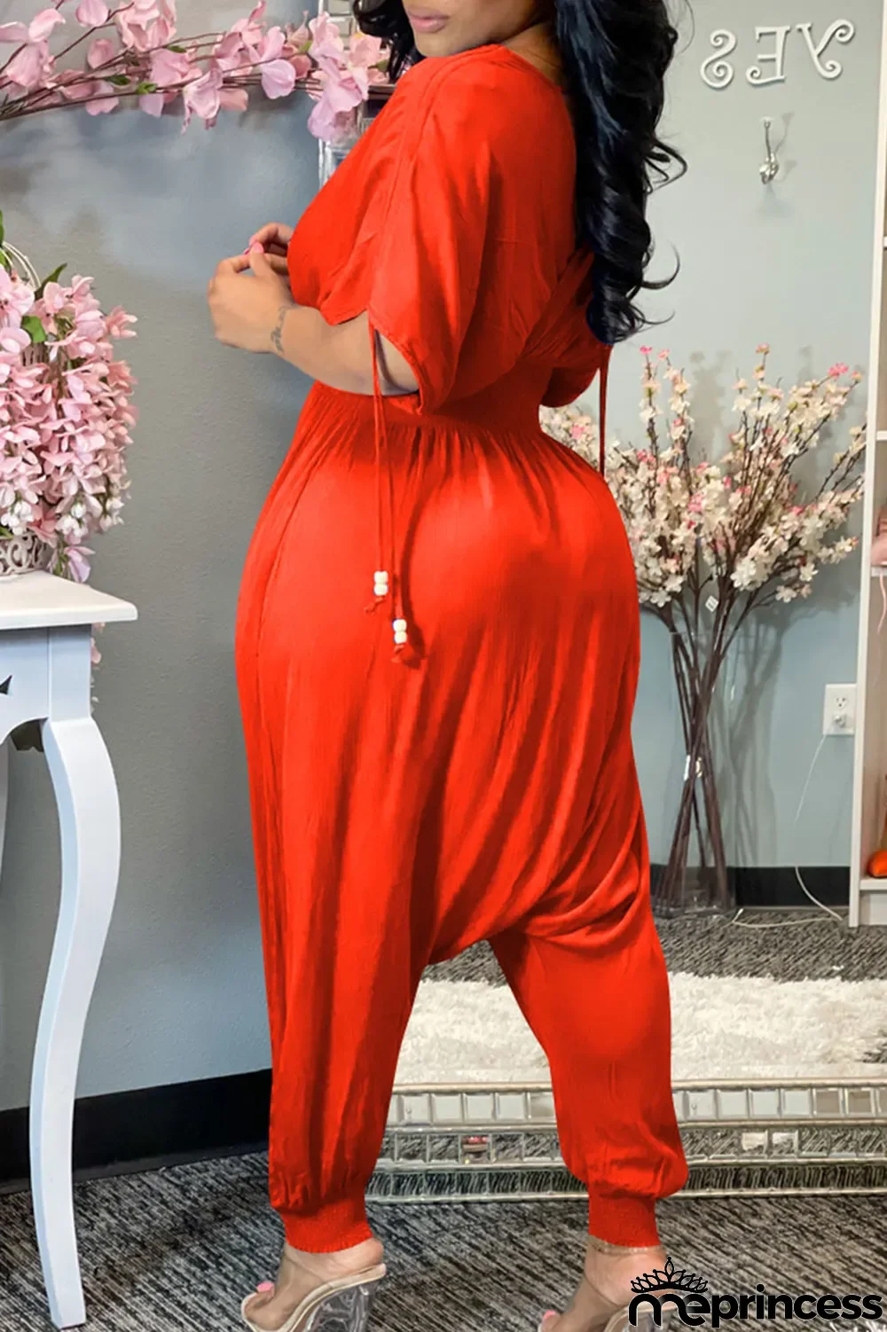 Tangerine Casual Solid Split Joint Frenulum V Neck Loose Jumpsuits