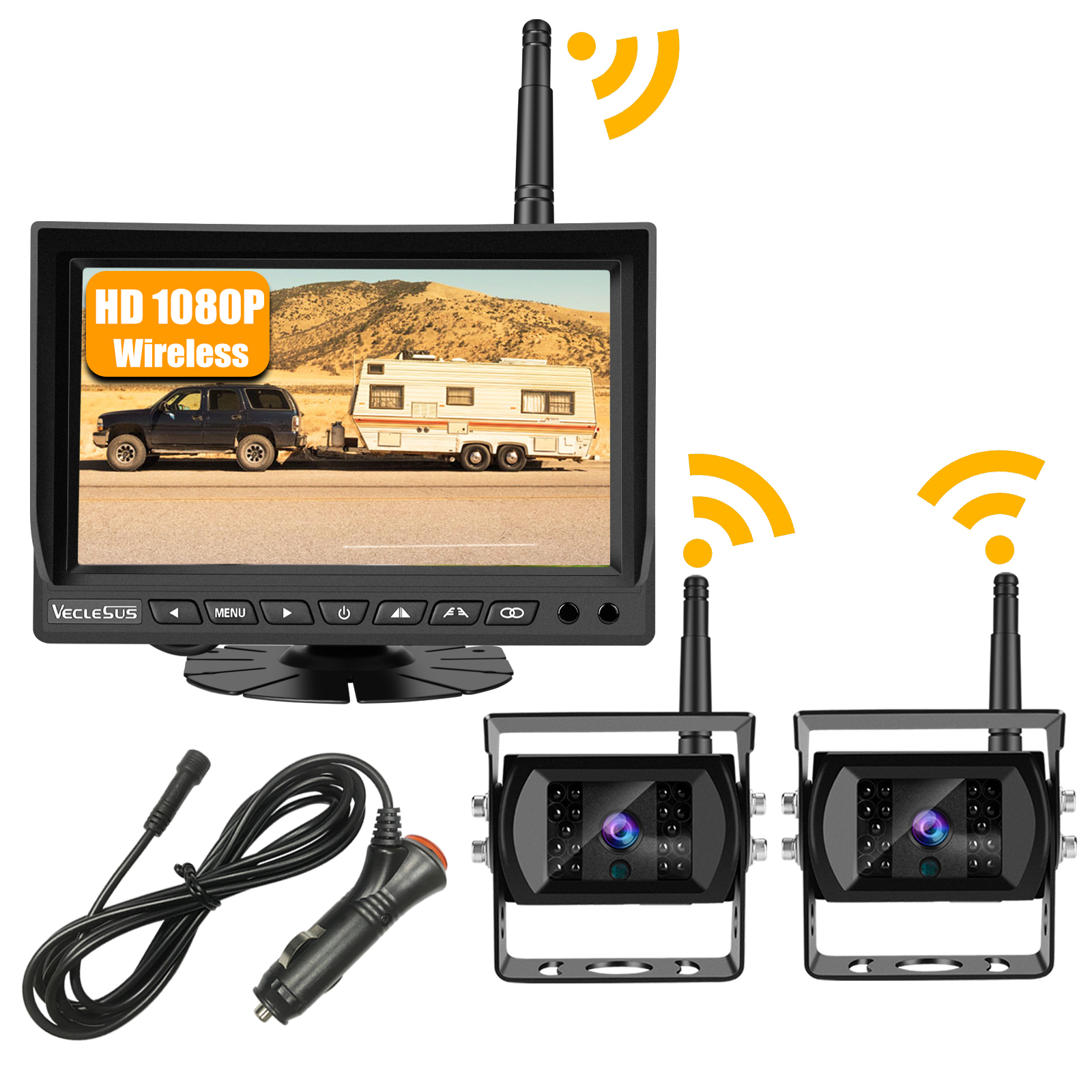 VECLESUS VMW7-2C 1080P Wireless Backup Camera Kit, 7” IPS HD Monitor & IP69K Waterproof High Speed Stable Transmission 2 Backup Cams for Trucks, RVs, Trailers, Bus, Harvester, Motorhome Large Vehicles GING UV FLASHLIGHT GING