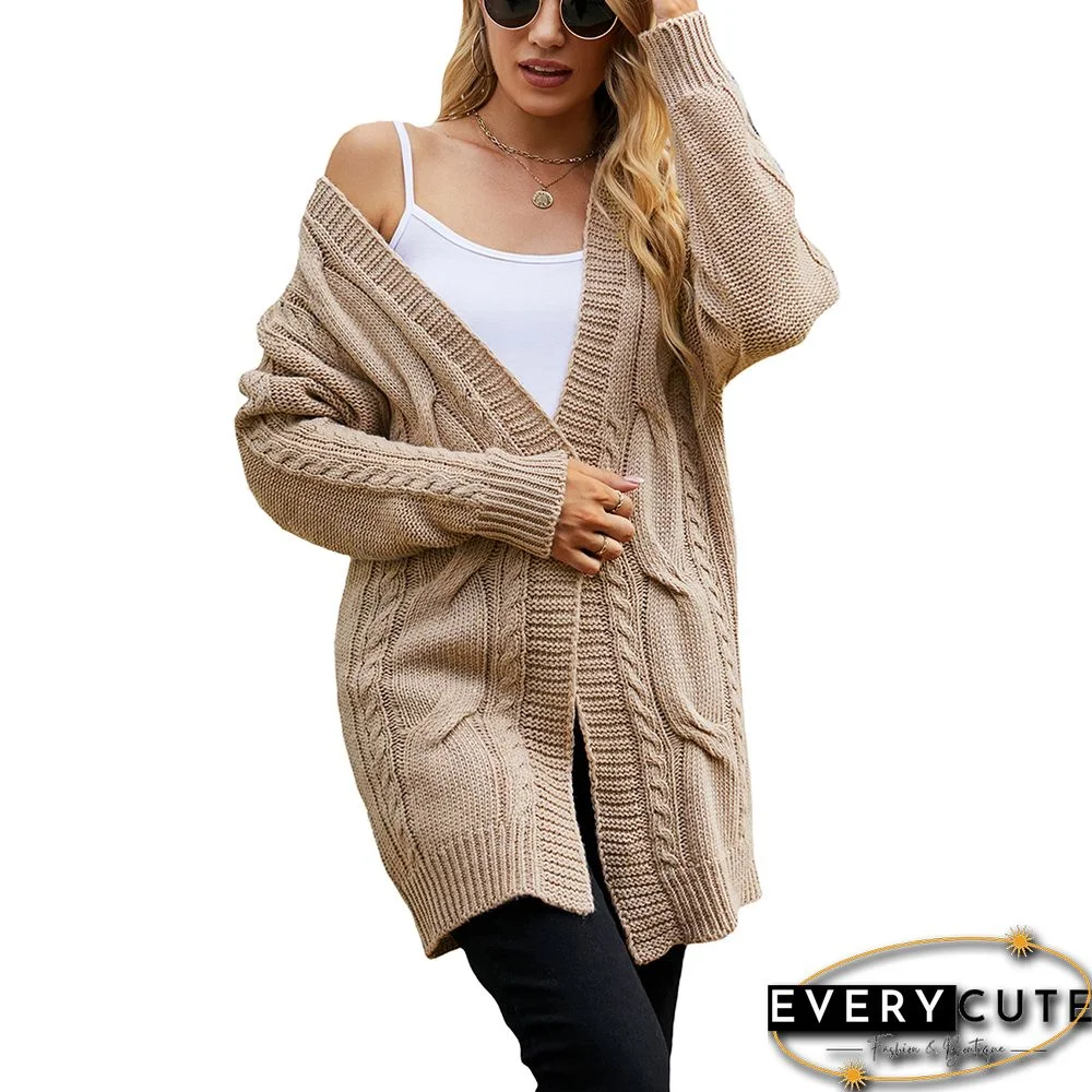 Khaki Solid Color Long Sleeve Cardigan