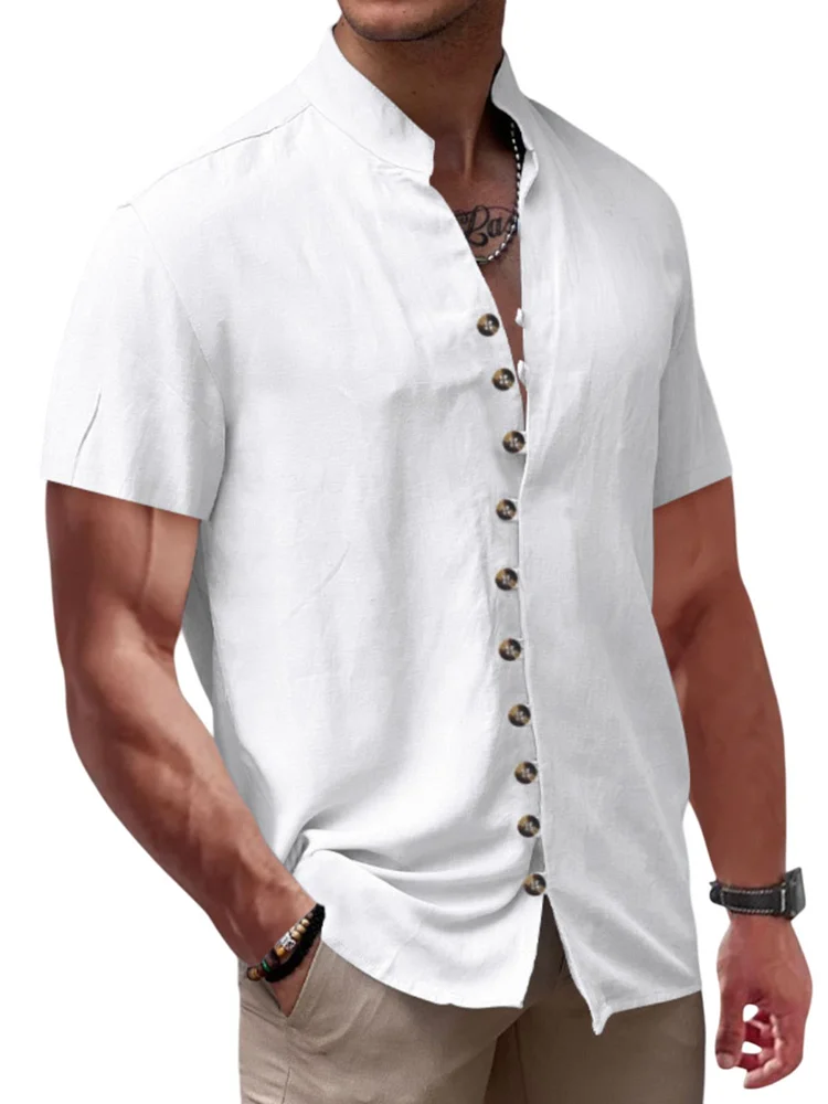 Men's Multi-Button Vintage Linen Casual Stand Collar Short Sleeve Shirt