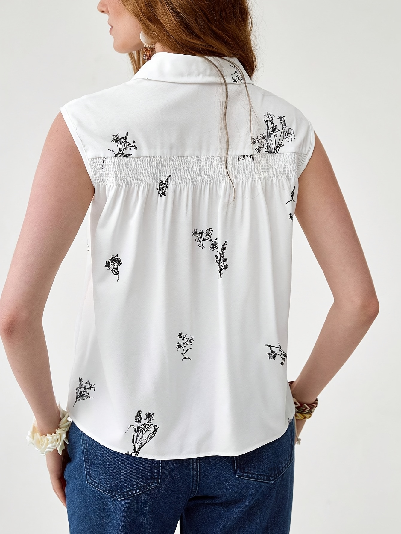 Women's Elegant Floral Print Sleeveless Blouse - Chic White Button-Up Shirt With Black Floral Pattern, Perfect For Spring/Summer Casual Outings, Ladies Blouse | IFYHOME