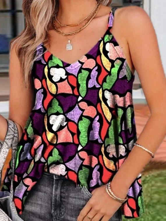Women Sleeveless V-neck Floral Printed Printed Gradient