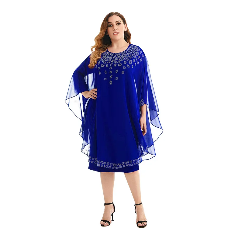Plus Size Dresses for Women 2022 Elegant Chic Diamonds Shine Evening Party Dress Autumn Winter Mesh Shawl Blue Midi Dress 4XL QueenFunky