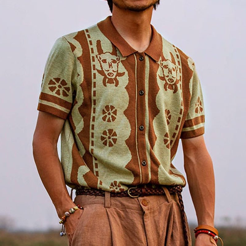 Casual Print Knitwear Short-Sleeved Men's Shirts-VESSFUL