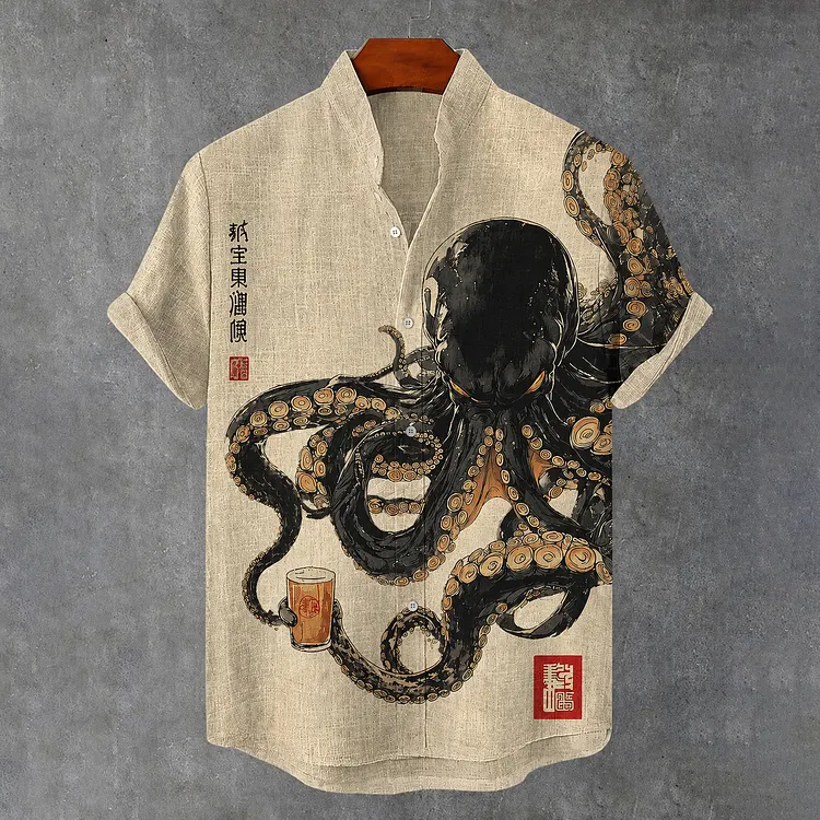 Men's Retro Japanese Octopus Art Print Casual Shirt
