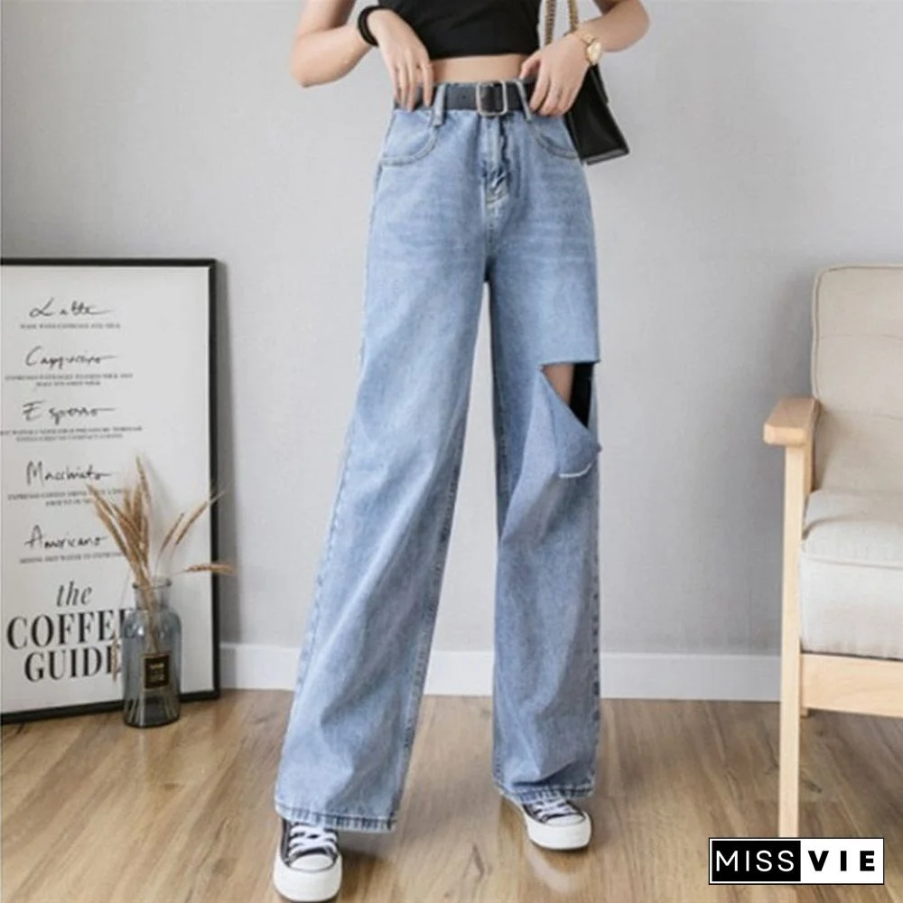 Woman Jeans High Waist Ripped Jeans Autumn Winter For Clothes Wide Leg Denim Clothing Blue Streetwear Fashion Vintage Pants