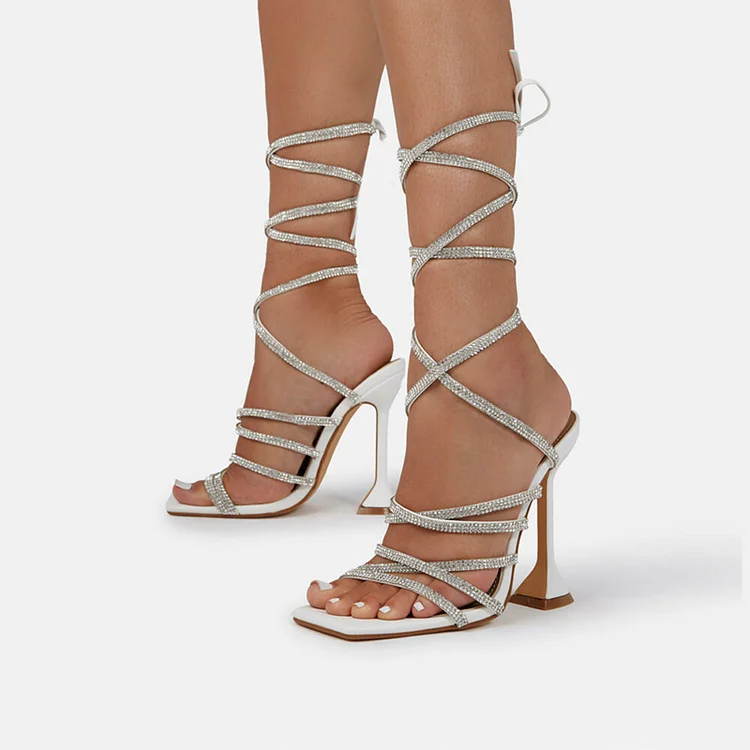 White Strappy Sandals Women's Rhinestones Stiletto Heels |FSJ Shoes