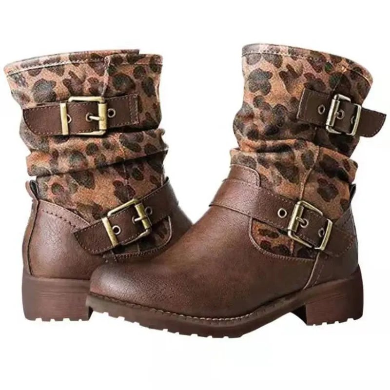 Women's Autumn Ankle Boots 2022 Fashion Leopard Side Zipper Size 43 Booties Women Belt Buckle Martin Boots Low Heel Botas Mujer