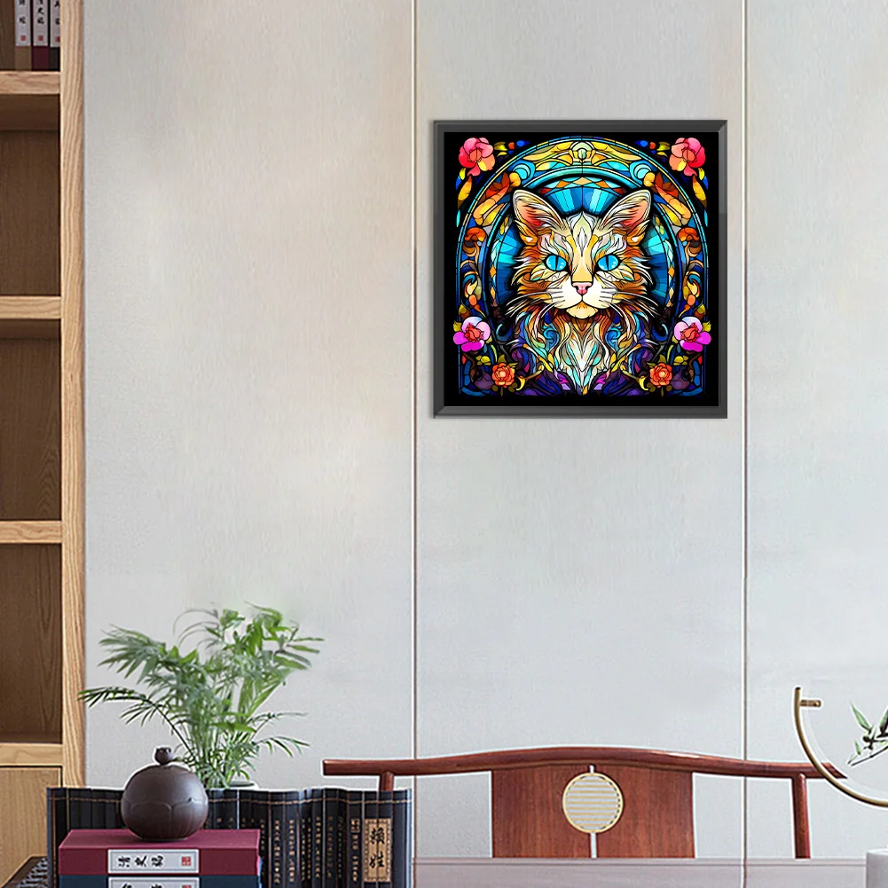 Full Round Diamond Painting 30*30cm - Glass Serious Cat