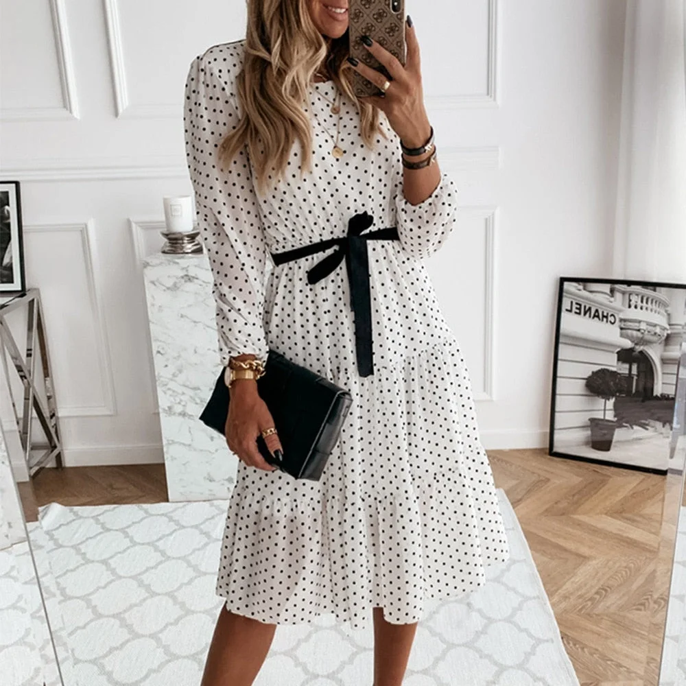 CHURSES women casual dot printed A-line dress sashes lantern sleeve white party dress 2021 new fashion sexy summer women dress