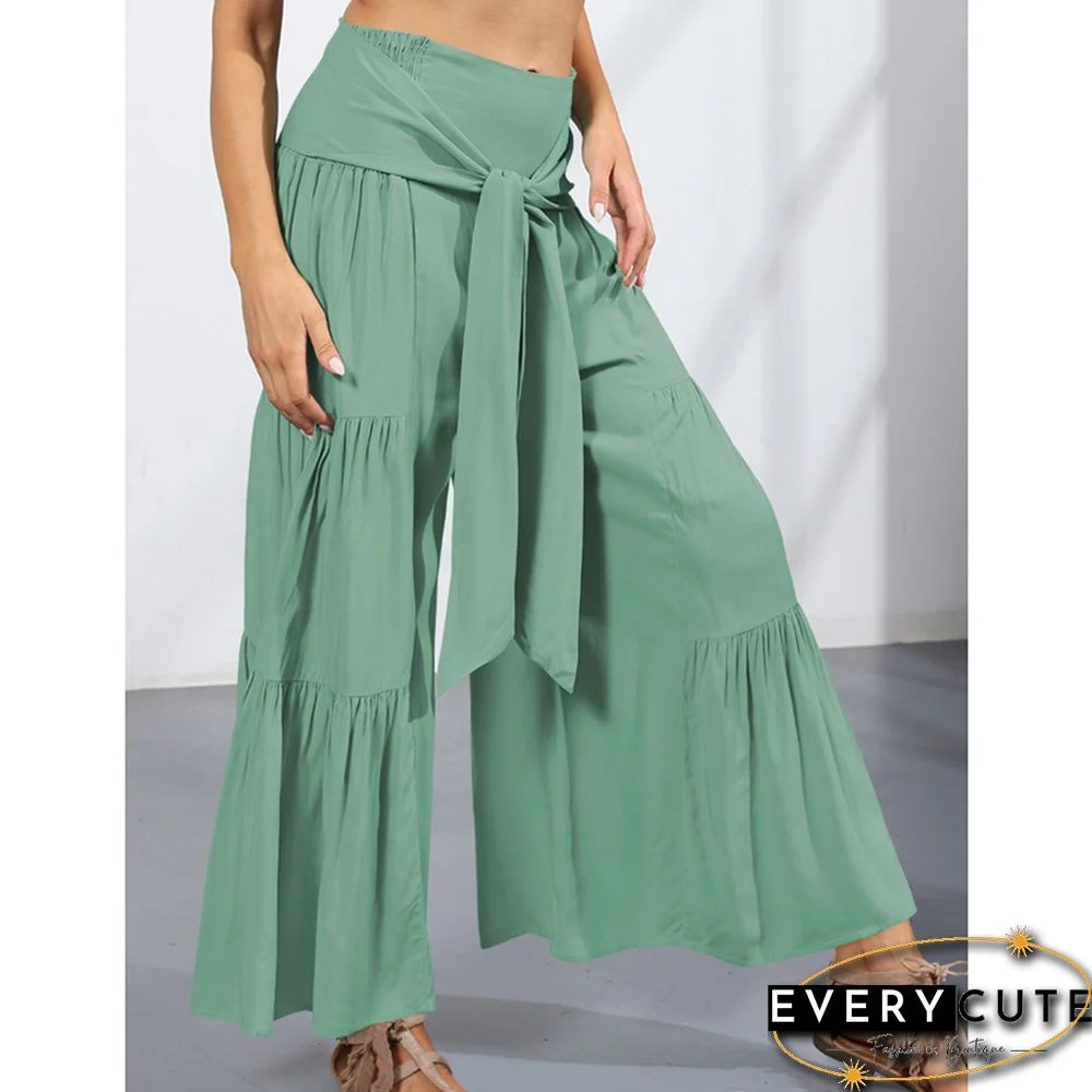 Green Solid Color Cropped Flare Pants with Tie