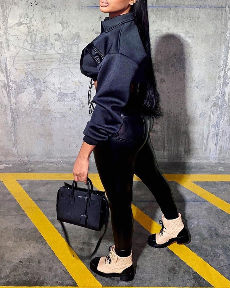 PU Leather Patch Drawstring Top & Pocket Design Pants Set-verytown-Allyzone