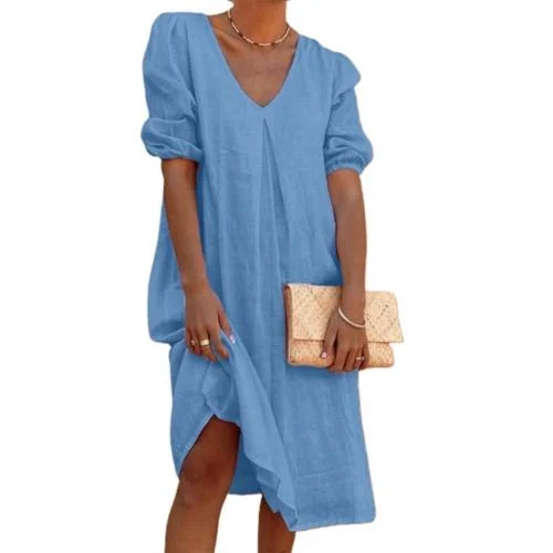 Chic Casual V Neck Puff Half Sleeve Solid Color Midi Dress