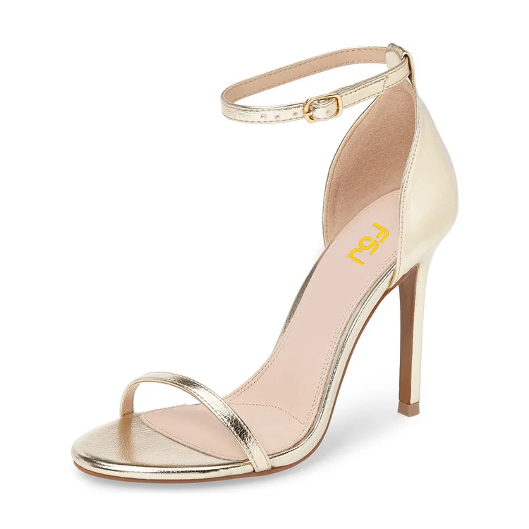 Champagne Metallic Stiletto Heels Open Toe Women's Ankle Strap Sandals |FSJ Shoes