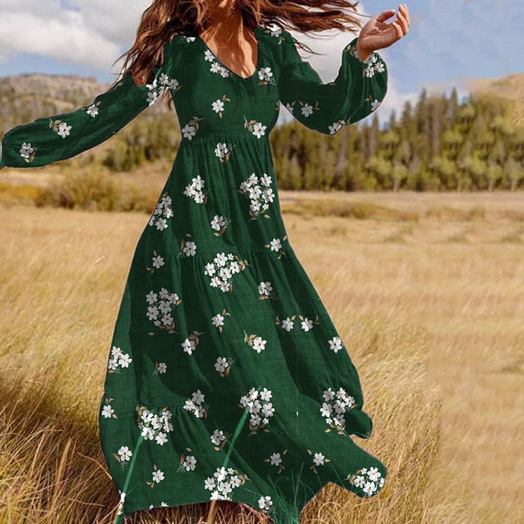 Women's Green Floral Bohemian V-Neck Long Sleeve Large Skirt Dress socialshop
