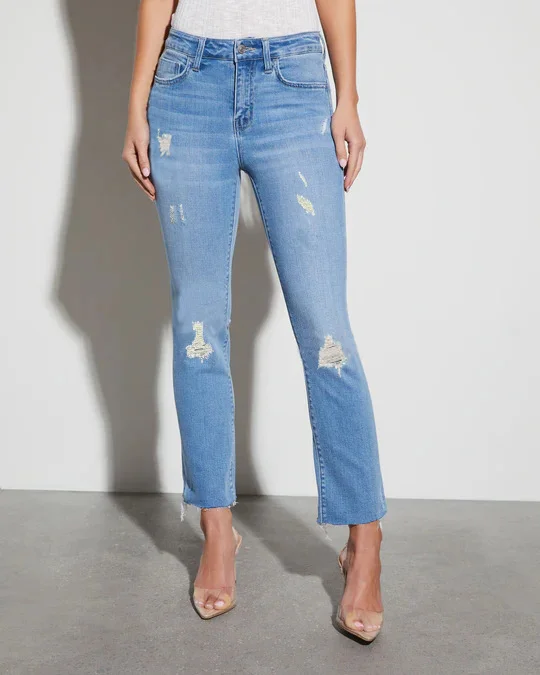 Woherb Direct Selling Spring And Summer Fashion Lady Blue Broken Hole Tassel Nine Split Pants Small Foot Jeans-Outfit Ideas