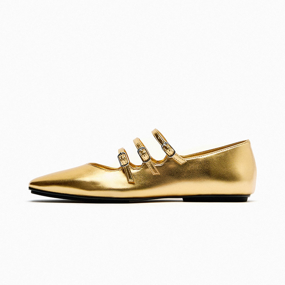 Gold Vegan Leather Square Toe Flat Mary Jane Slip-On Shoes Nicepairs