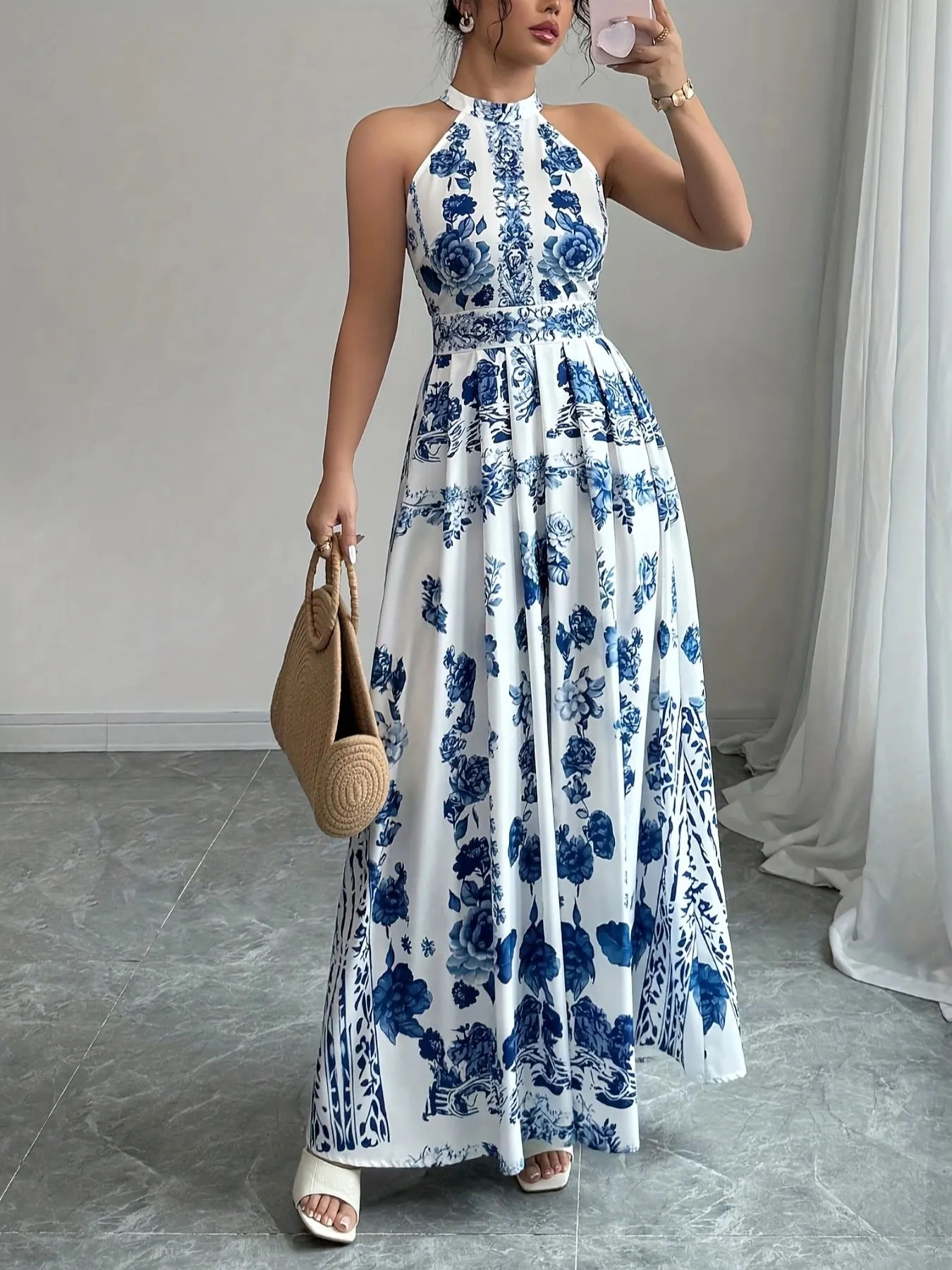 Womens Elegant Sleeveless Floral Print Dress Blue White A-Line Summer With Stand-UP Collar | IFYHOME