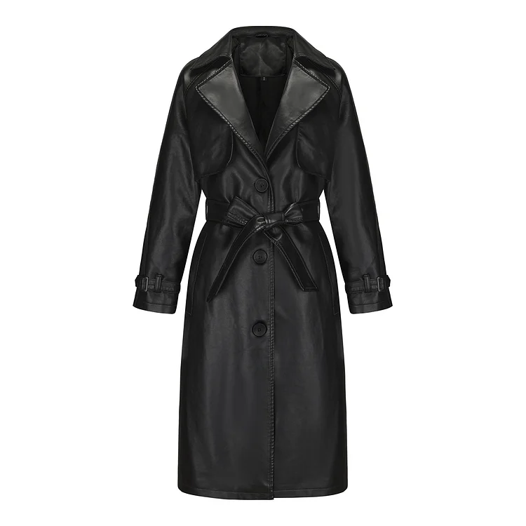 Women's Classic PU Leather Jacket Oversized PU Long Jacket with Belt