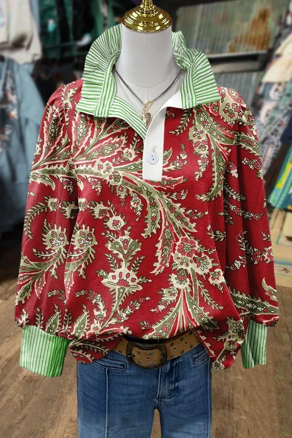 Christmas Floral Print Striped Top