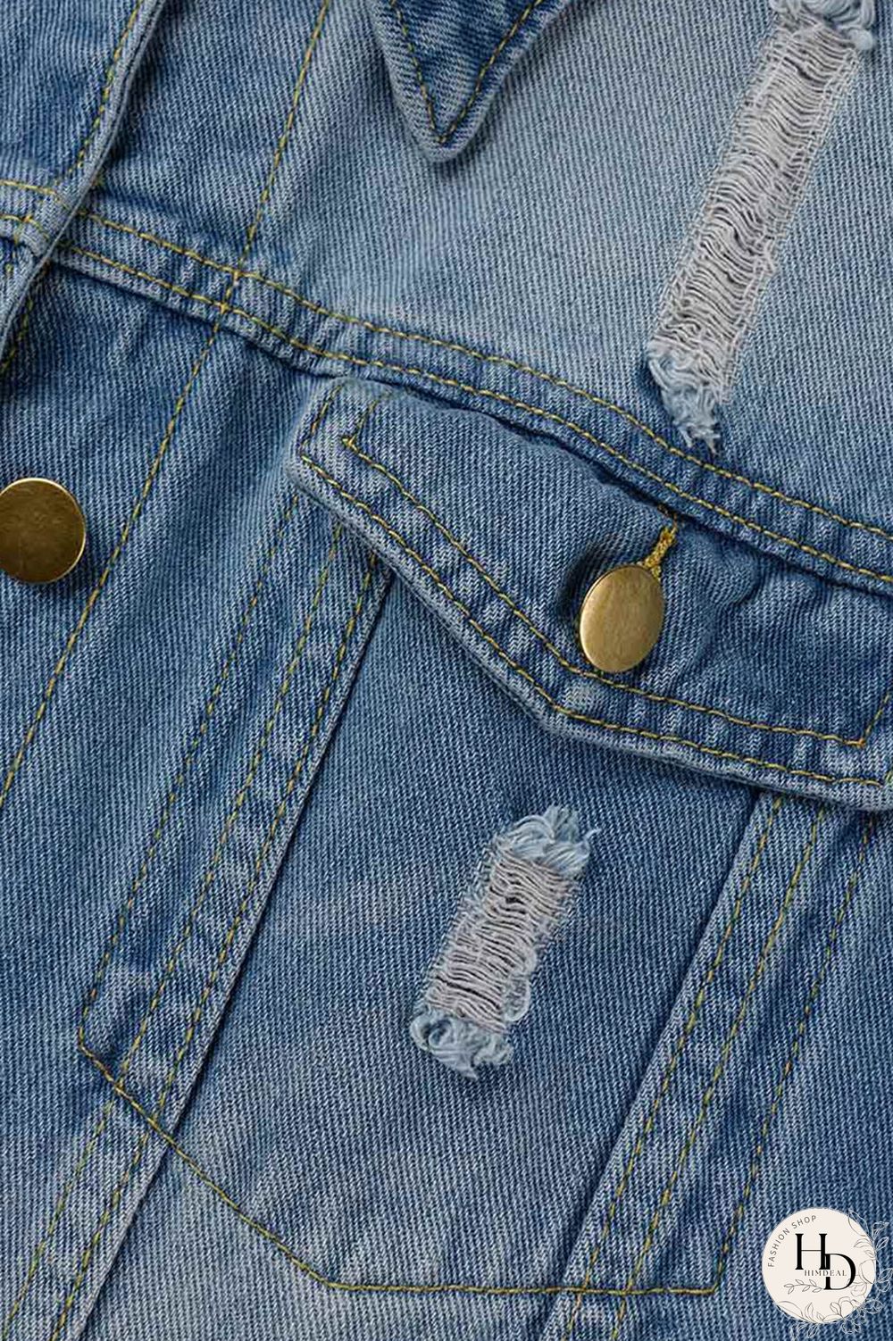 Deep Blue Casual Solid Ripped Patchwork Turndown Collar Long Sleeve Regular Denim Jacket