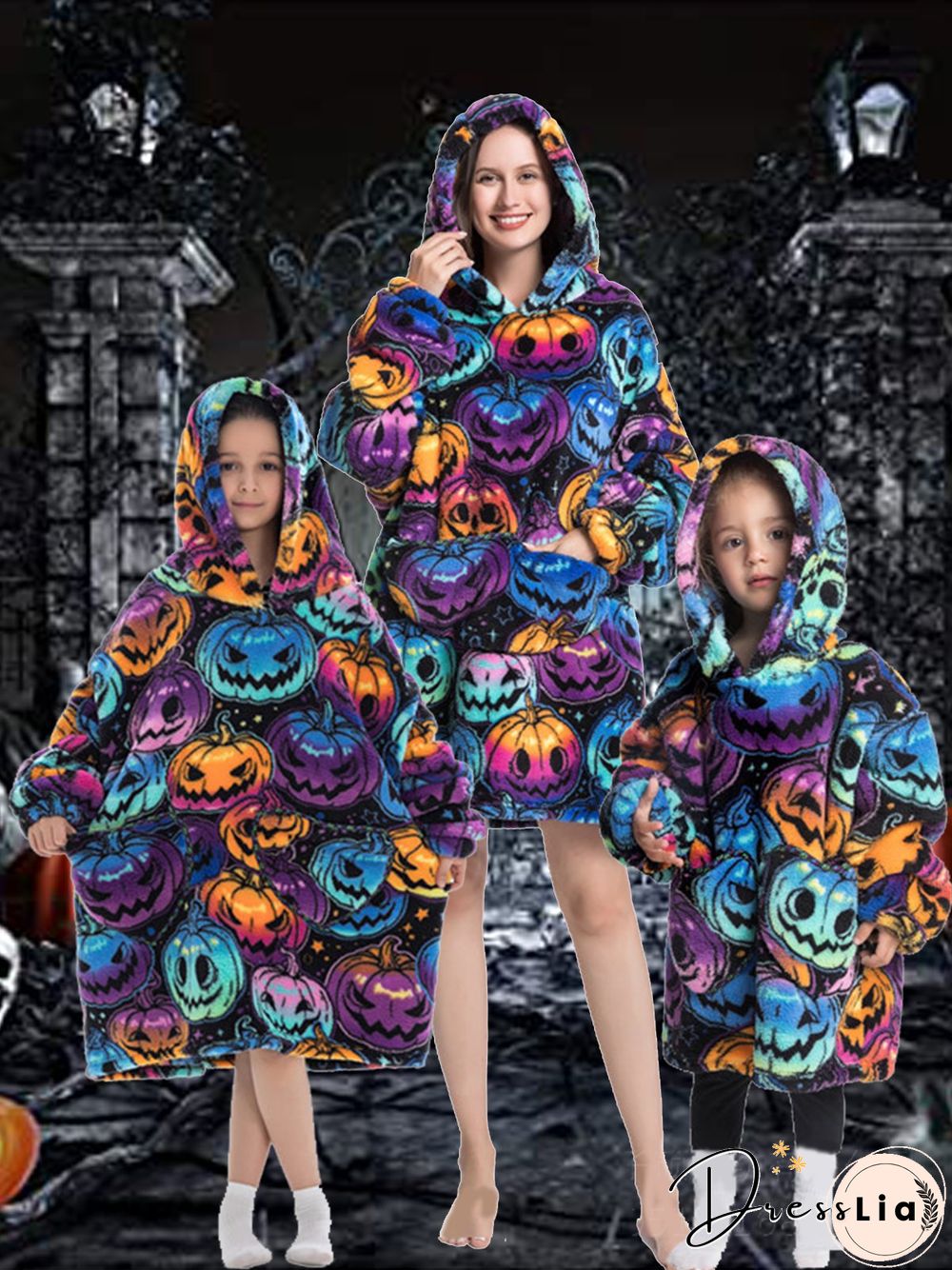 Halloween Pumpkin Print Pullover Flannel Hooded Warm Homewear Pajamas