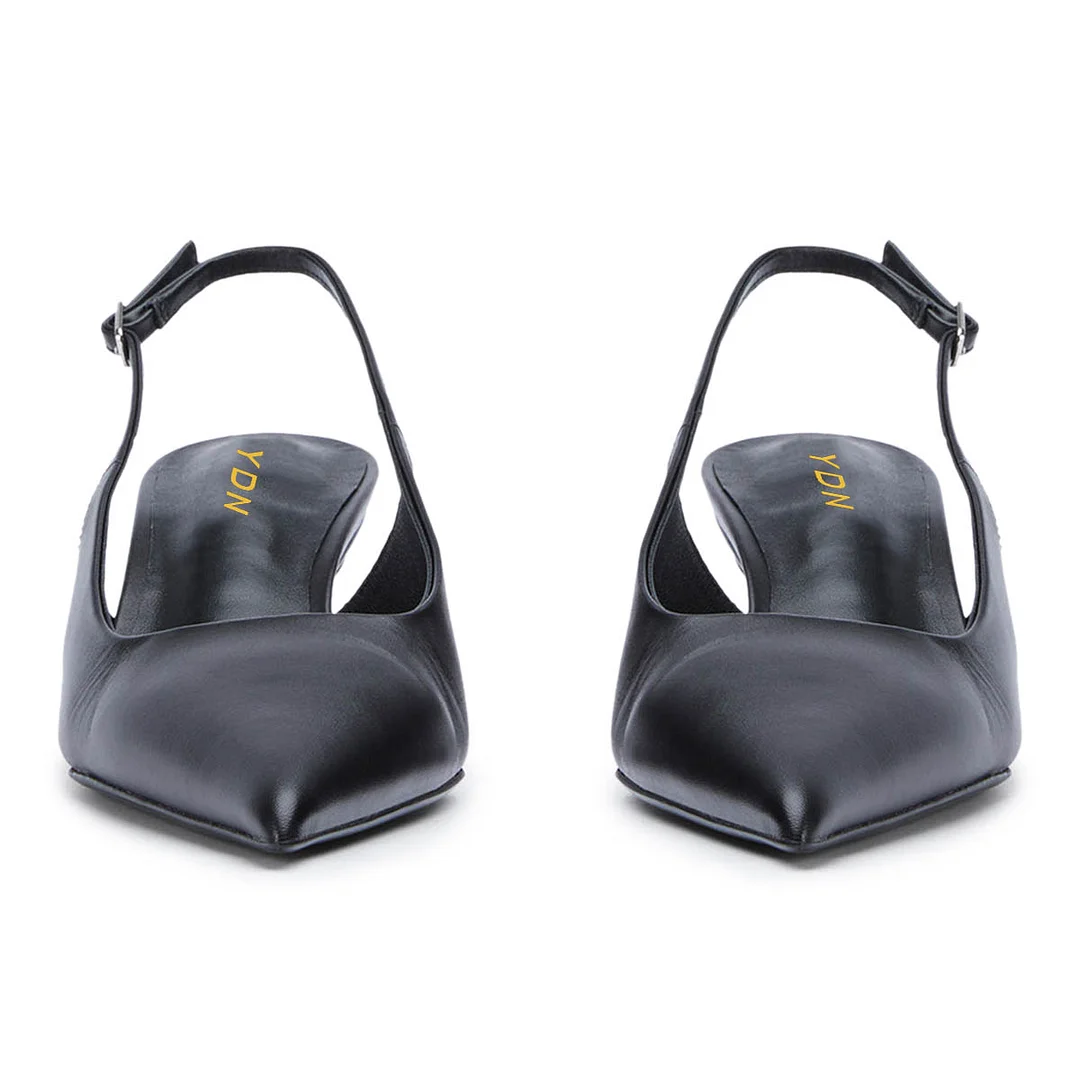 Black Vegan Leather Pointed Toe Buckle Strap Slingback Kitten Heels