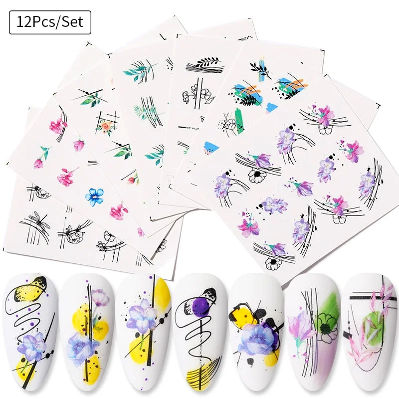 Harunouta 12Pcs Gradient Geometry Line Water Decals Set Pink Blue Colorful Whirlpool Wave Stickers Sliders Nail Art Decorations