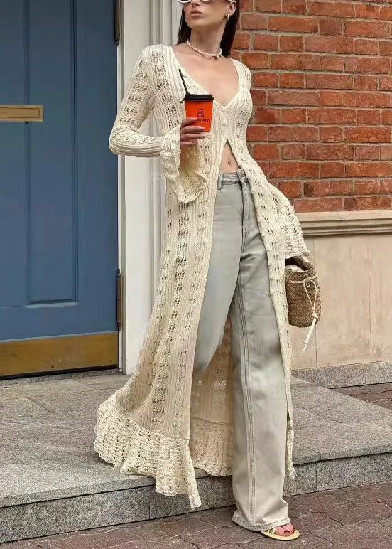 Beautiful Apricot V Neck Hollow Out Knit Cardigans Flare Sleeve