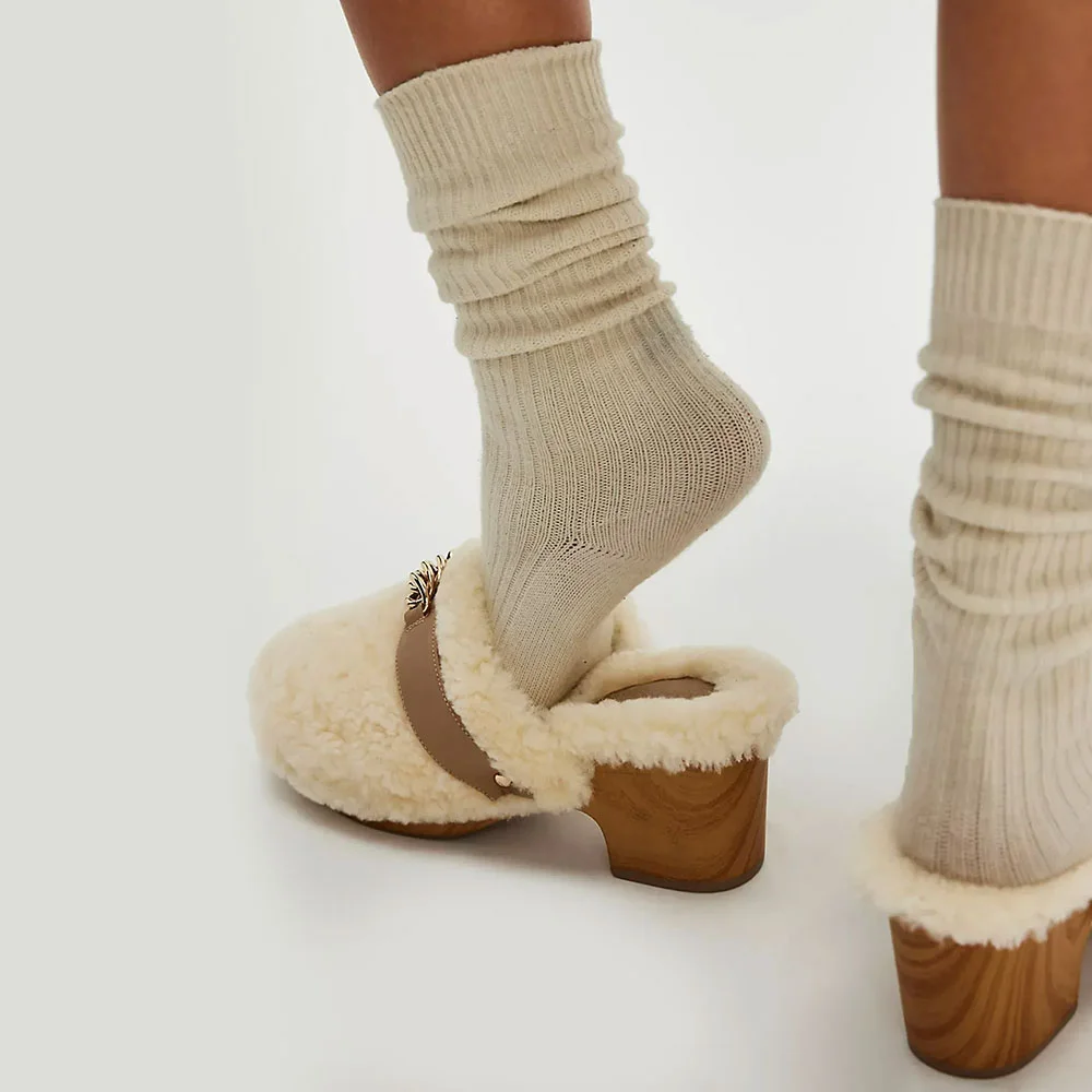 Ivory Faux Fur Round Toe Slip On Chain Block Heel Mule Shoes for Women