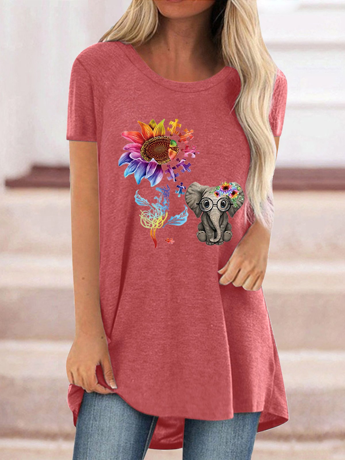 Women Casual Short Sleeve Scoop Neck Floral Printed Tops