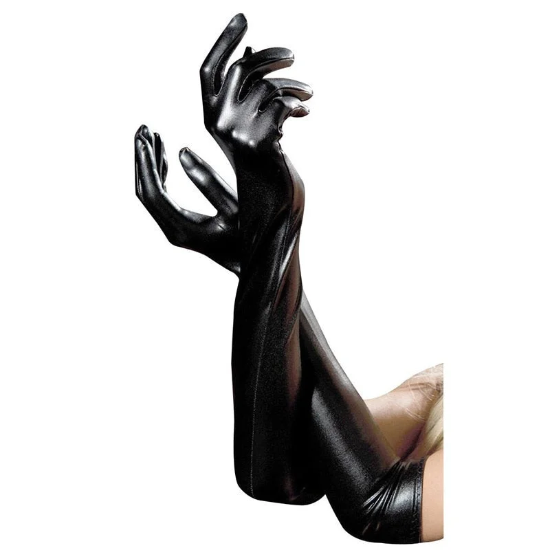 Long Metallic Satin Leather Finger Elastic Gloves Dance Flirting Sexy Lingerie Clubwear Cosplay Costumes For Women Accessories