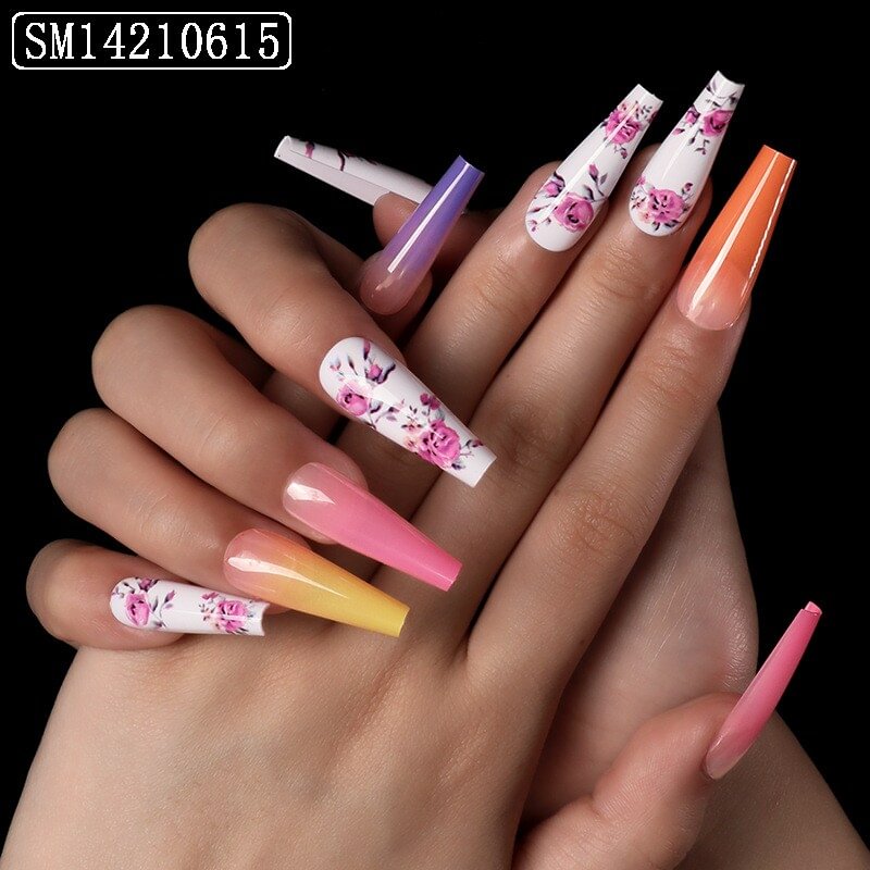Agreedl Pcs 3D White Rose Nail Art Decoration Gradient Ballet Coffin Fake Nails Full Covered Press On False Nails Manicure Tools