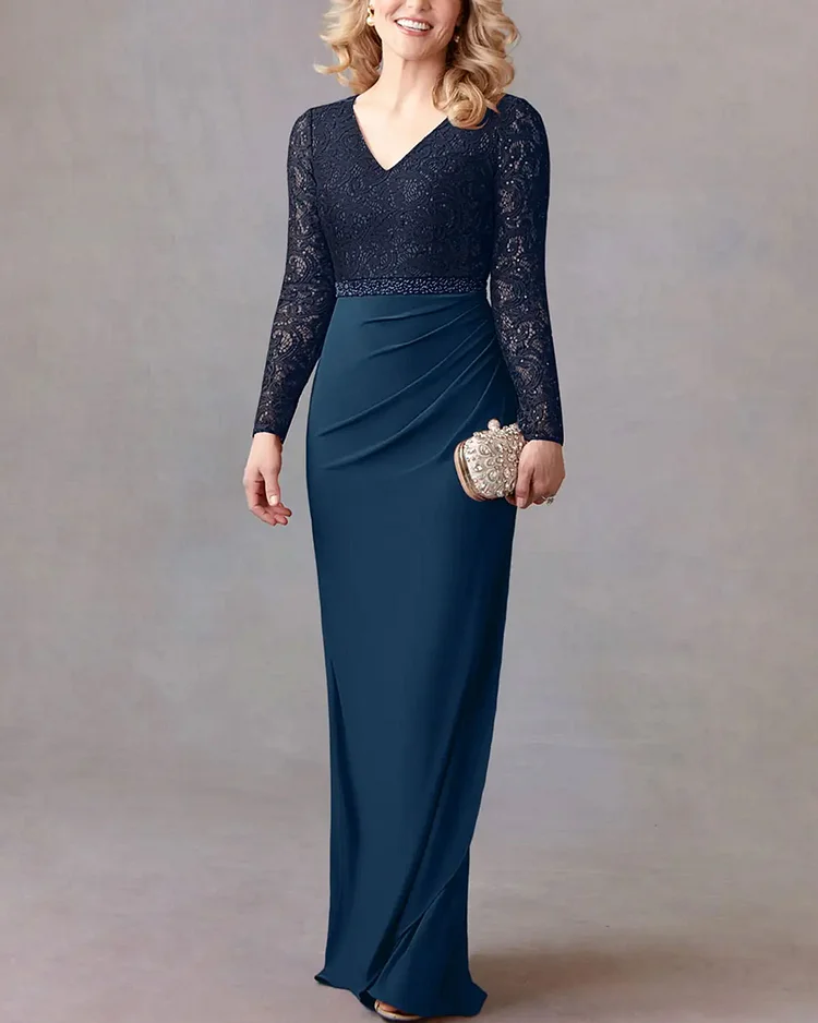 Sheath Sequins Lace Floor-Length Dress