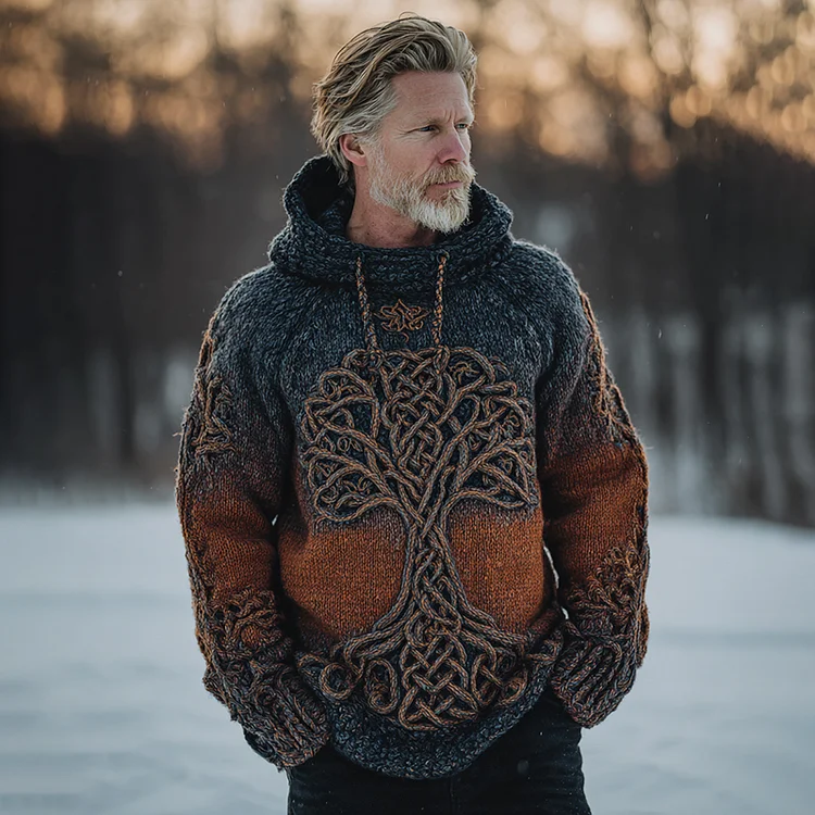 Men's Vintage Viking Tree Of Life Celtic Knot Gradient Art Jacquard Knitted Cozy Hooded Sweater