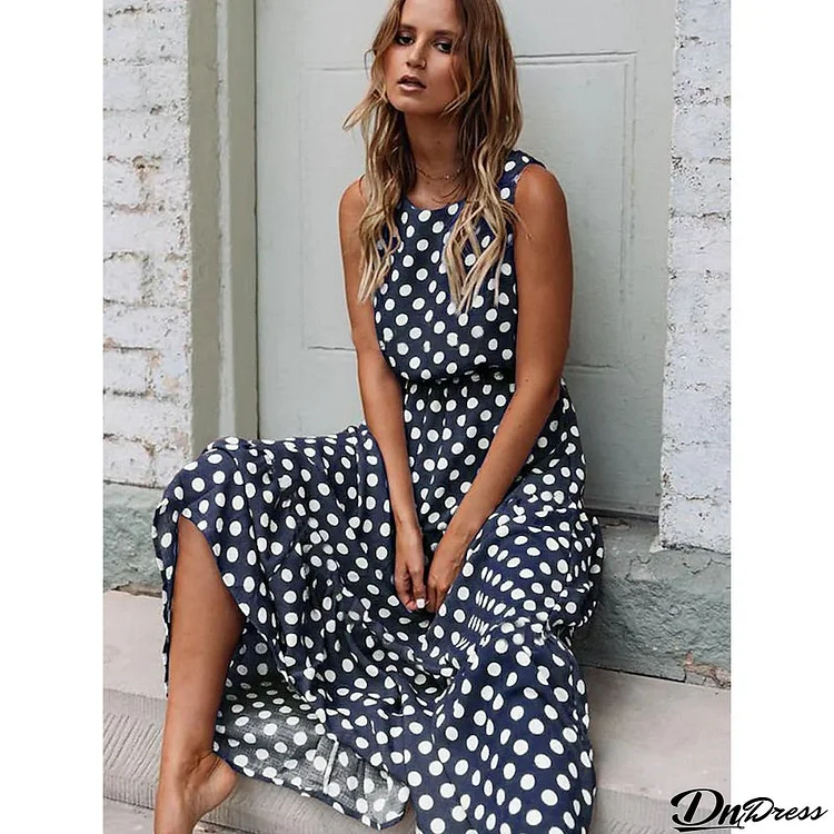 Women's Sleeveless Polka Dot Long Dress