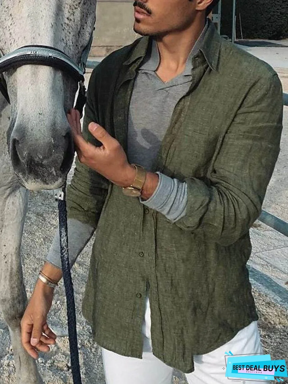 Men's Tee Shirt Solid Color Long Sleeve Daily Tops Cotton Simple Solid Color Casual / Daily Button Down Collar Green White / Beach Linen