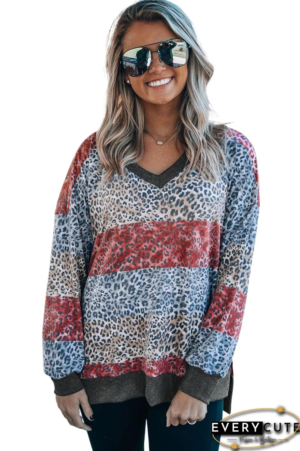 Red V Neck Drop-Shoulder Sleeve Leopard Color Block Top