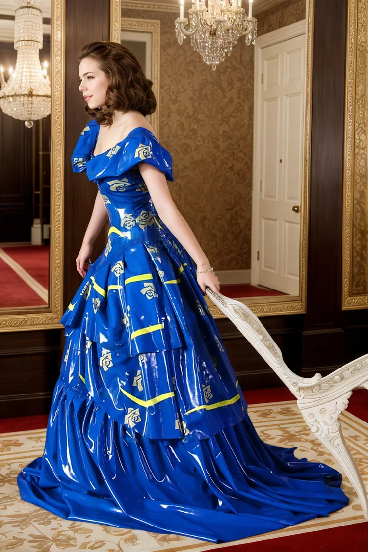 Women Latex Dress Gala Gawow Regal Blue Latex Ball Gown with Golden Accents