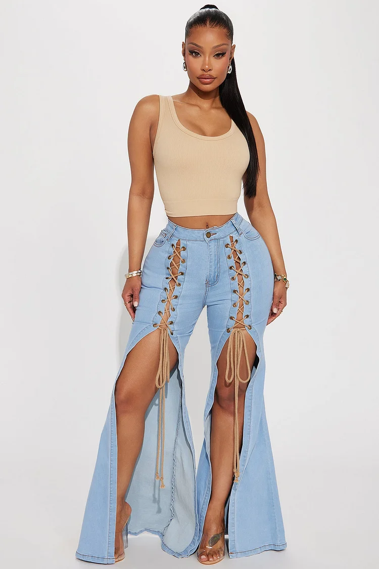 Invested Stretch Lace Up Flare Jeans - Light Wash