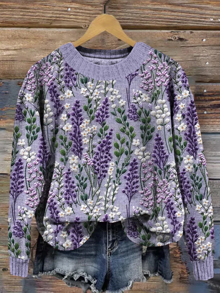 Utbros Lilac Lavender Embroidery Art Cozy Knit Sweater