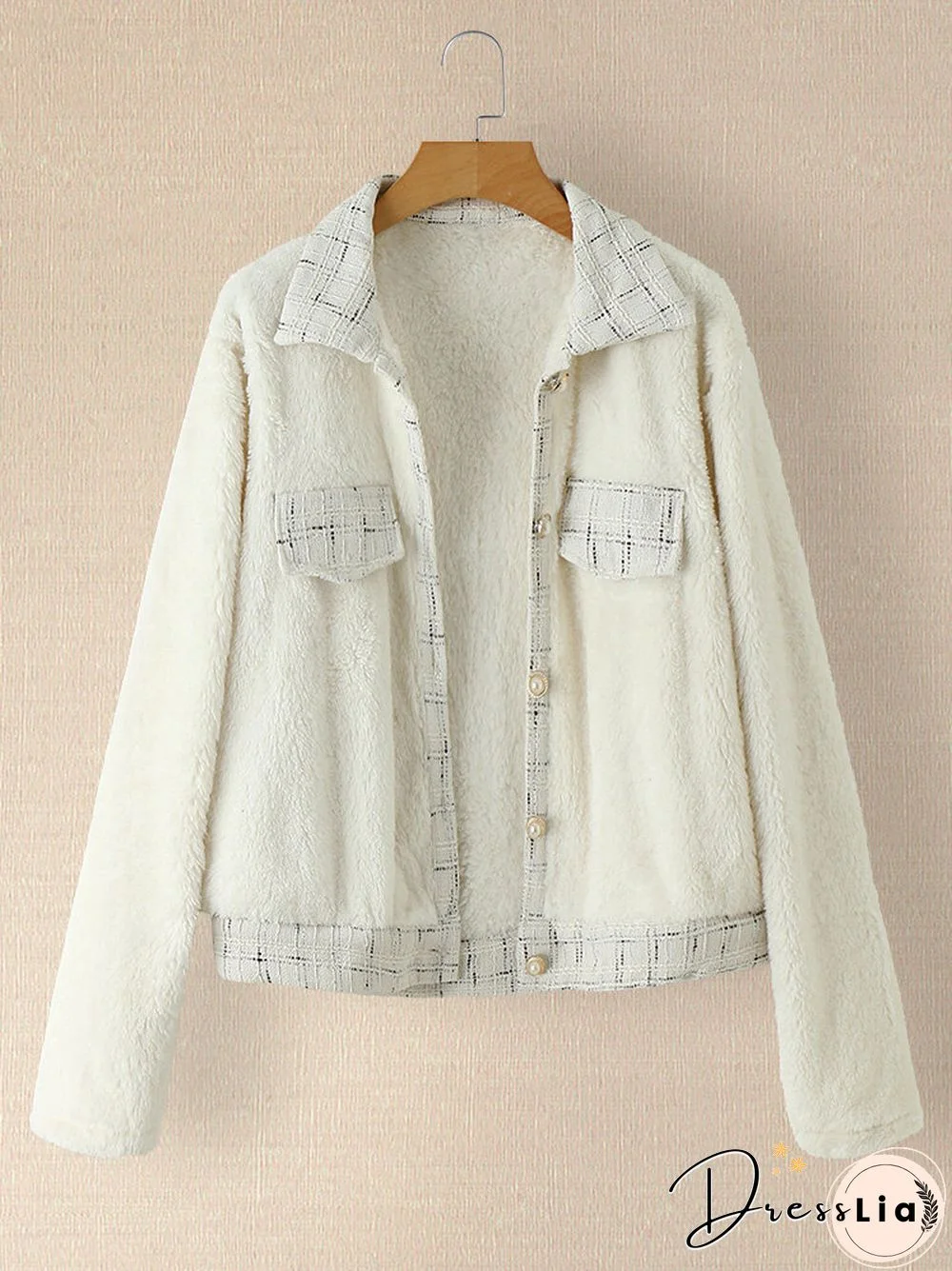 Fluffy Plaid Print Patchwork Button Pocket Comfy Lamb Coat