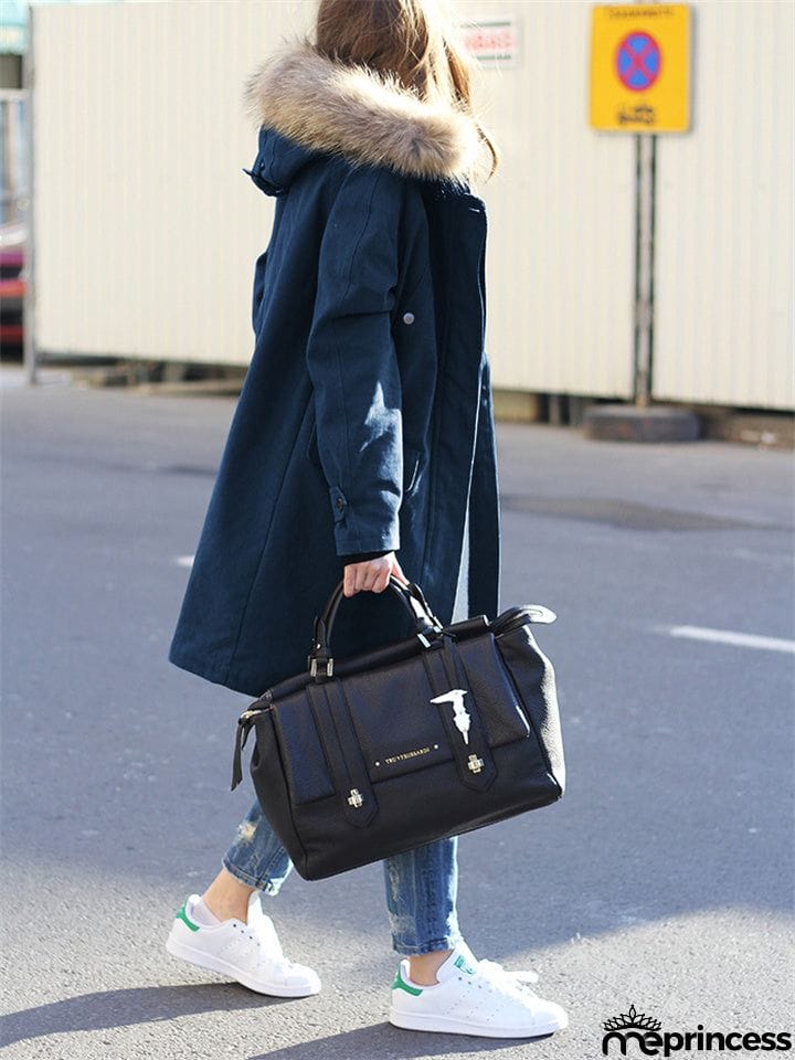 Women's Faux Fur Hooded Mid Length Woolen Coats for Cold Winter