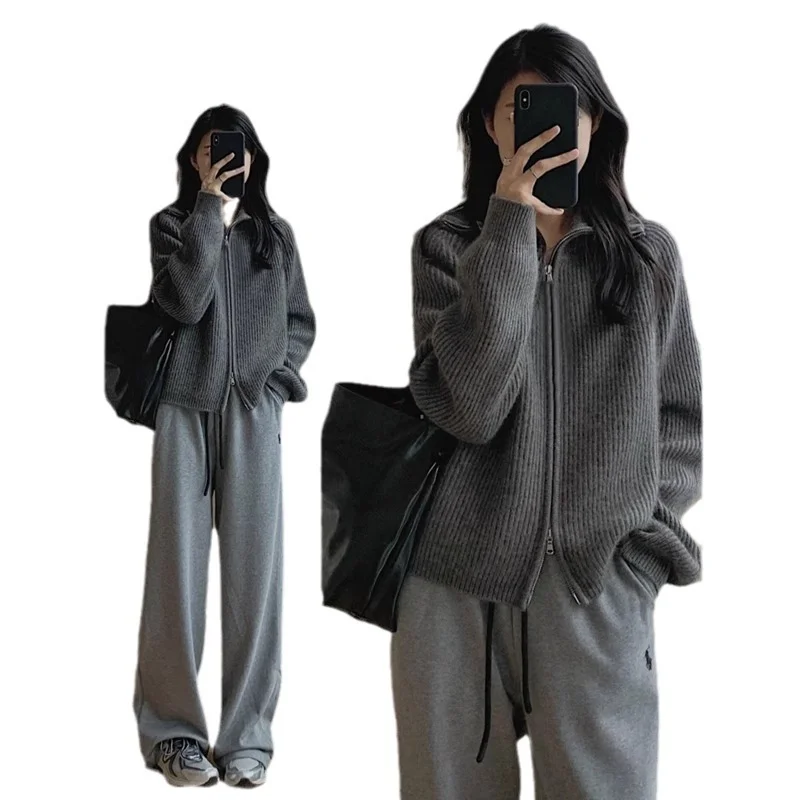 Athvotar Athvotar Woman Retro Hong Kong Flavor New Chic Korean Version Of The Collar Zipper Knitted Open Shirt Lazy Wind Loose Thick Coat