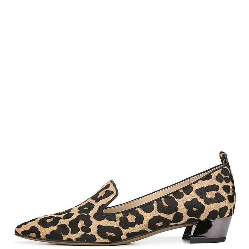 TAAFO Leopard Med Chunky Heels Loafers Pumps Pointed Toe Woman Flock Lady Office Shoes