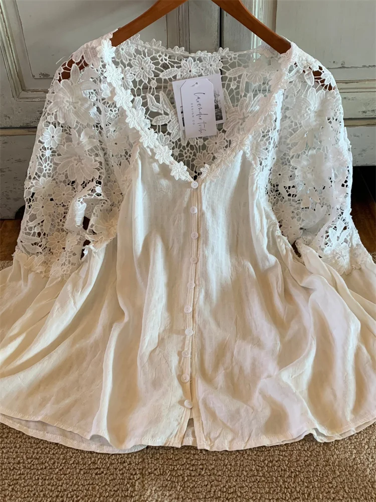 Hollow Floral Lace Patchwork Flare Blouse