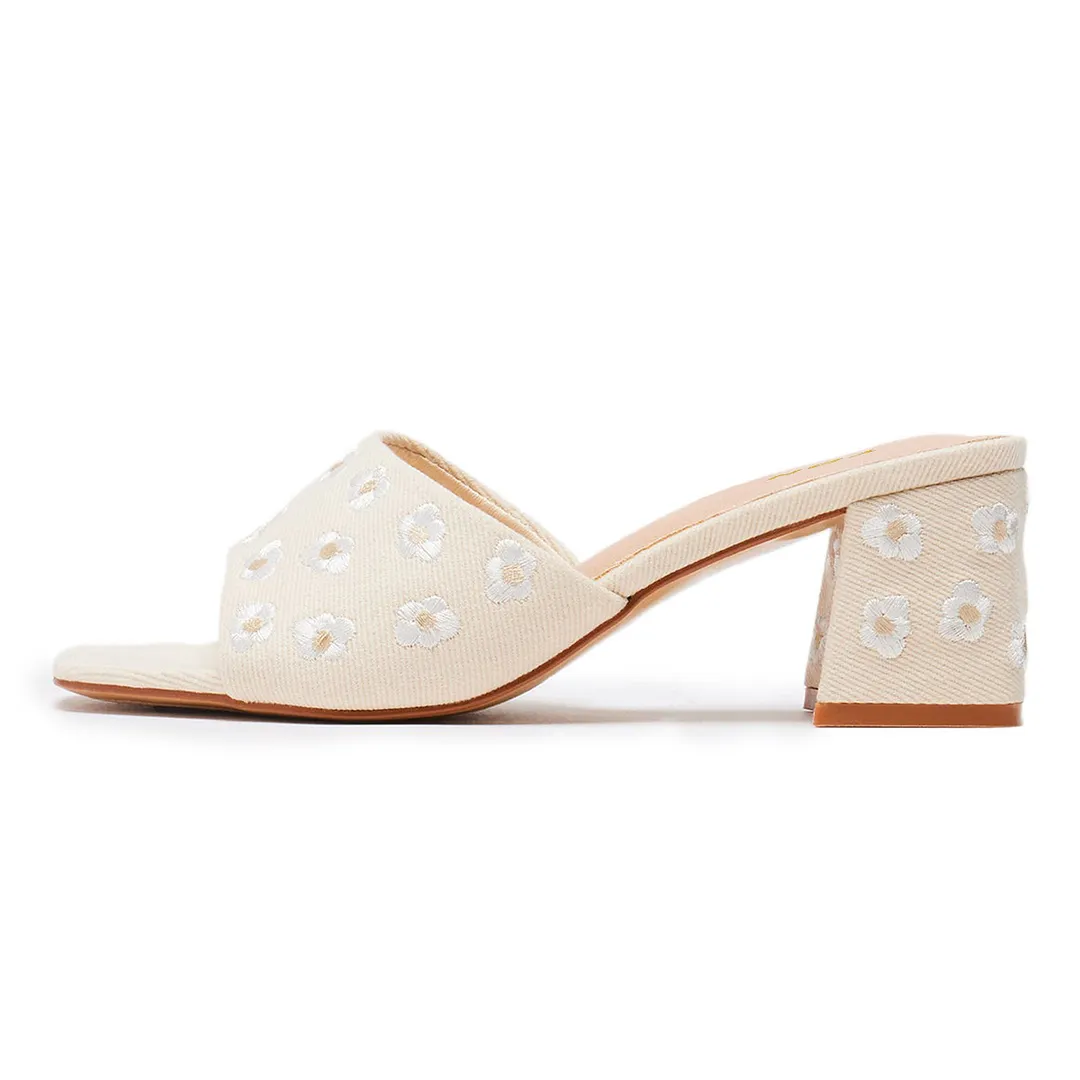 Chic Beige Open Toe Flower Embroidery Block Heel Mules Sandals