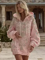 Women's Vintage Floral Embroidery Art Long Sleeve Hooded Mini Dress