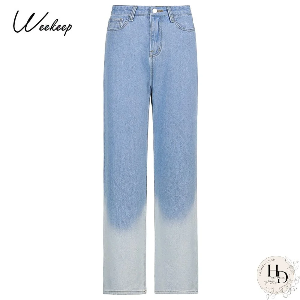 Weekeep Tie Dye Streetwear Fashion Long Jeans Straight Pants 90S Vintage Buttons Fly Cargo Denim Pants Women High Waist Trousers